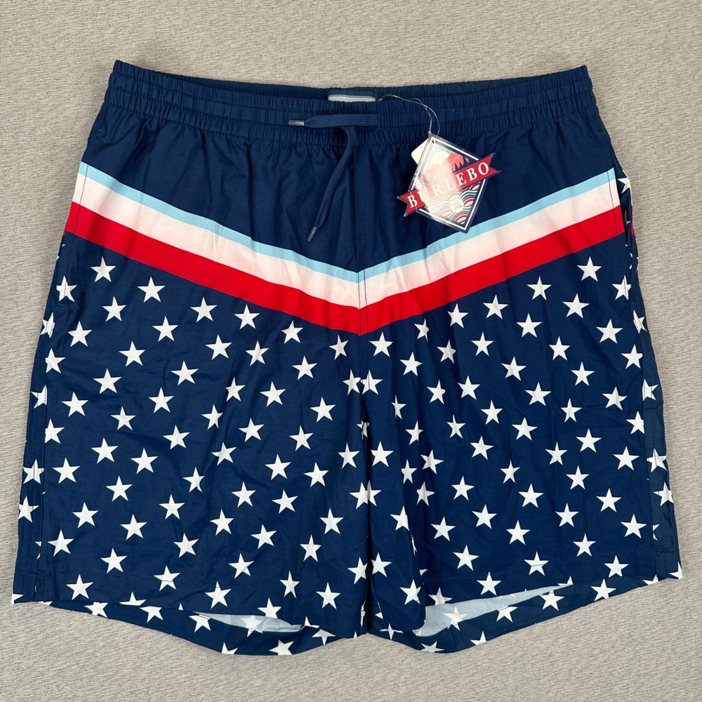 NEW Burlebo Swim Trunks Mens XL Navy Blue Stars Stripes Patriotic Quick Dry